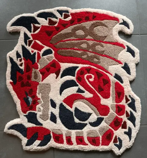 Handgemachter Tufting Teppich im Gaming-Design: Rathalos Drache aus Monster Hunter, individuelles Kundenmotiv.