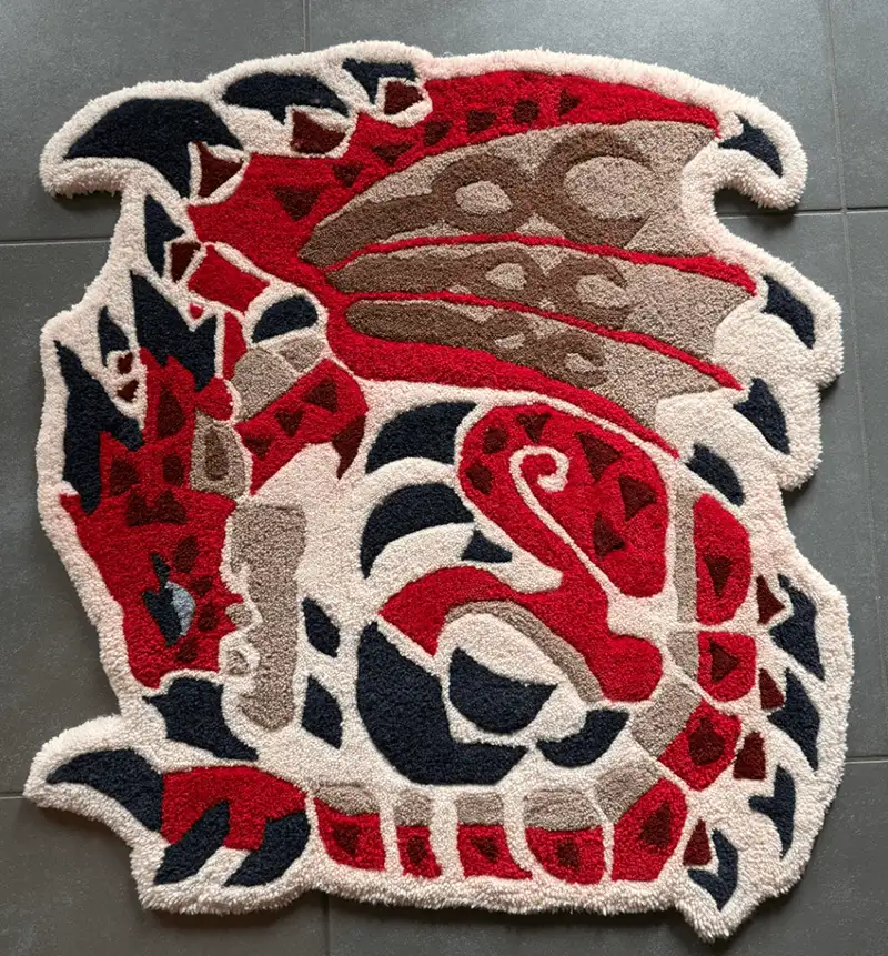 Handgemachter Tufting Teppich im Gaming-Design: Rathalos Drache aus Monster Hunter, individuelles Kundenmotiv.
