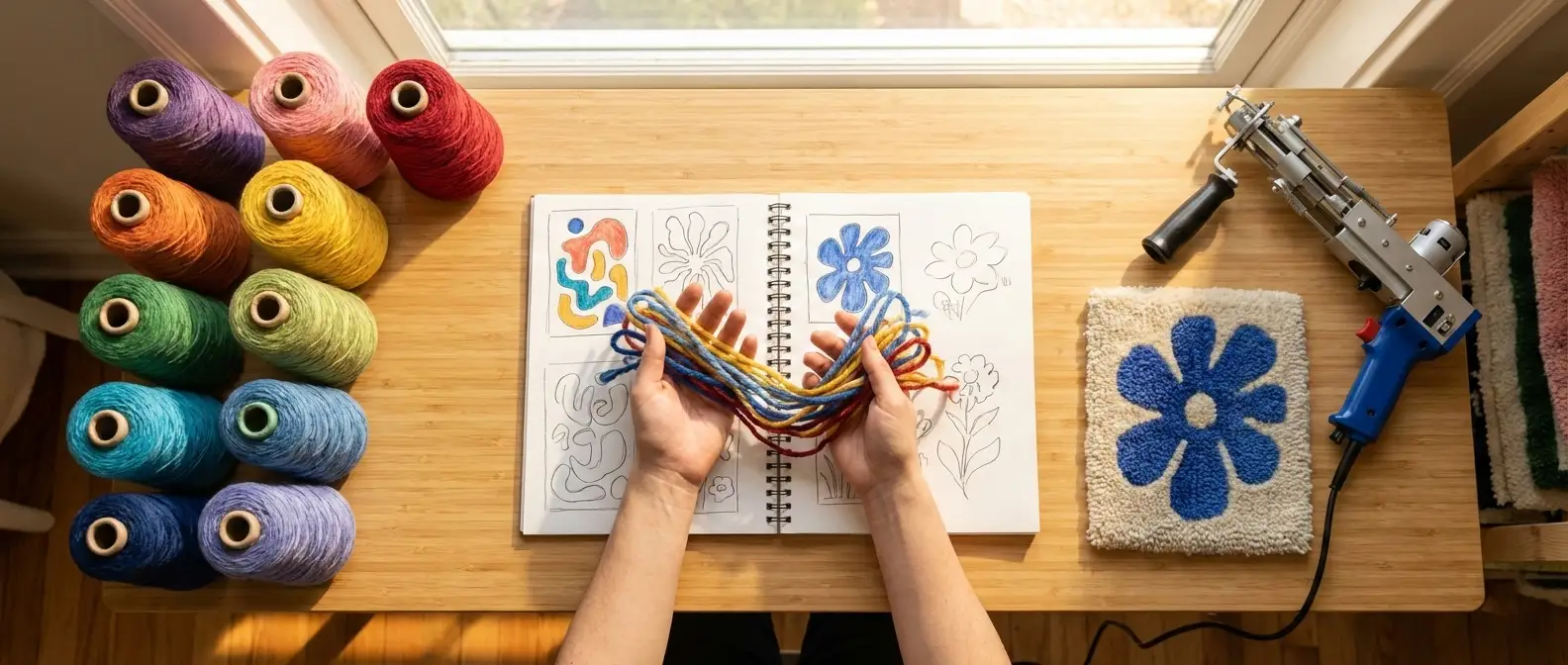 Motivauswahl für den Tufting Workshop - Garn, Skizzen und fertiges Teppichmotiv