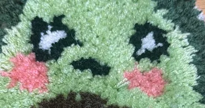 Nahaufnahme Rohzustand: Die schwarzen Augen sind ausgefranst, grüne Fasern ragen in die dunklen Flächen.